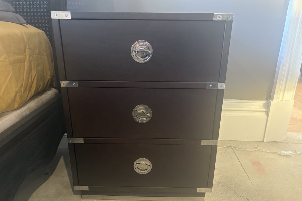 Greenwich 3 Draw Bedside Unit - Grey/Nickel - Ex Display. Greenwich 3 Draw Bedside Unit - Grey/Nickel - Ex Display.