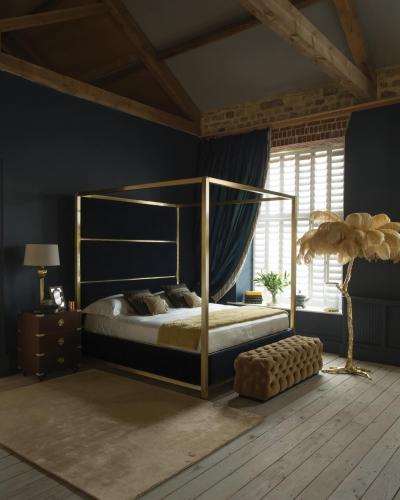 The Hoxton Four Poster reimagines a classic. Upholstered in rich midnight blue velvet and finished wi... The Hoxton Four Poster reimagines a classic. Upholstered in rich midnight blue velvet and finished wi...